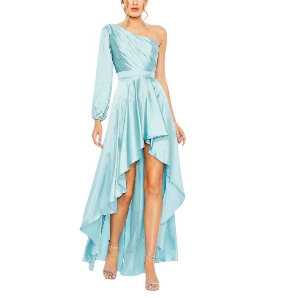 Mac Duggal Blue Long Sleeve Satin One Shoulder High Low Gown| Size 6